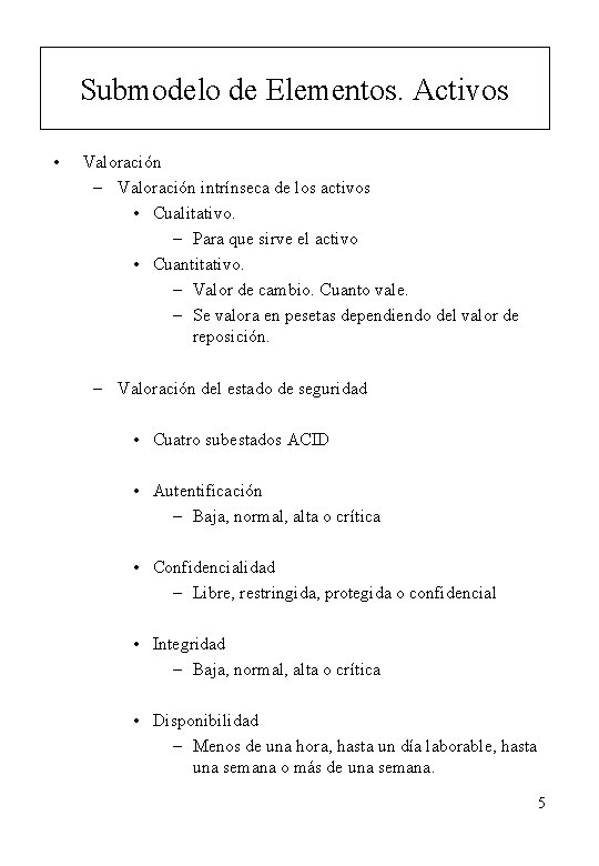 Submodelo de Elementos. Activos • Valoración – Valoración intrínseca de los activos • Cualitativo.