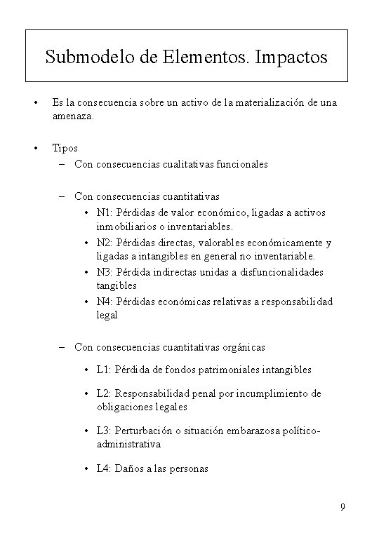 Submodelo de Elementos. Impactos • Es la consecuencia sobre un activo de la materialización