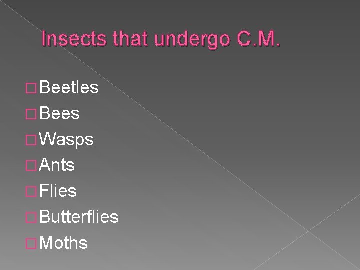 Insects that undergo C. M. �Beetles �Bees �Wasps �Ants �Flies �Butterflies �Moths 