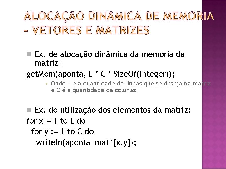  Ex. de alocação dinâmica da memória da matriz: get. Mem(aponta, L * C