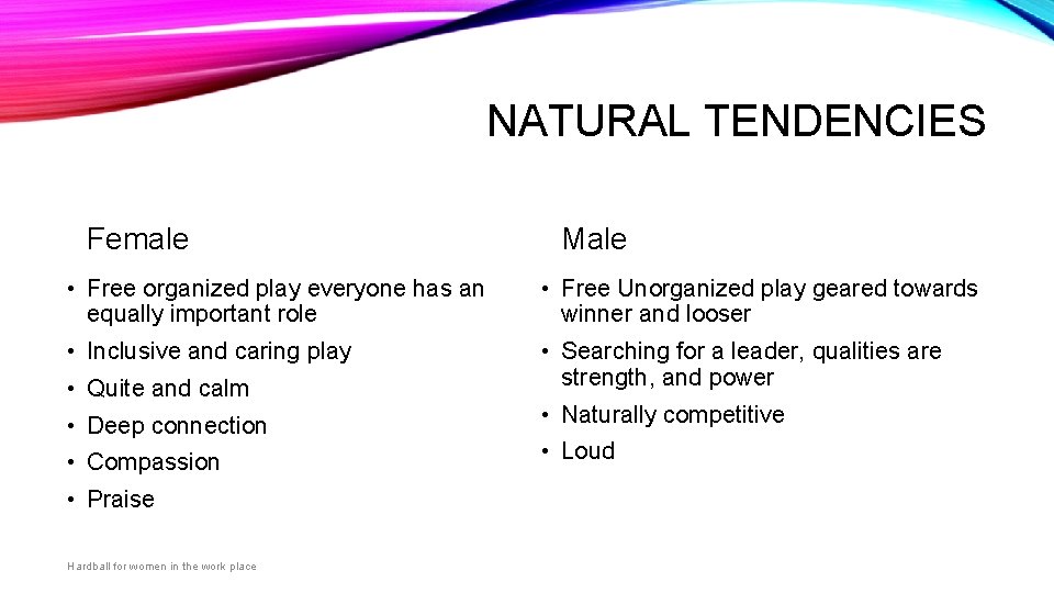 NATURAL TENDENCIES Female Male • Free organized play everyone has an equally important role
