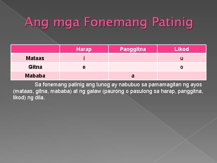 Ang mga Fonemang Patinig Harap Panggitna Likod Mataas i u Gitna e o Mababa