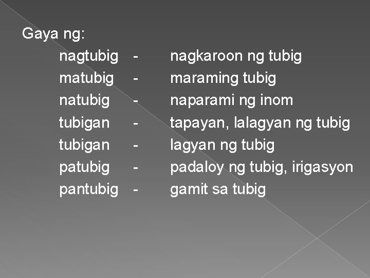 Gaya ng: nagtubig matubig natubigan patubig pantubig - nagkaroon ng tubig maraming tubig naparami