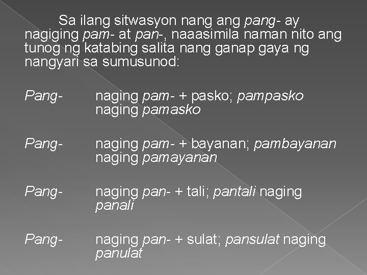 Sa ilang sitwasyon nang pang- ay nagiging pam- at pan-, naaasimila naman nito ang