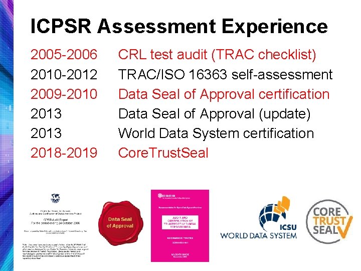 ICPSR Assessment Experience 2005 -2006 2010 -2012 2009 -2010 2013 2018 -2019 CRL test