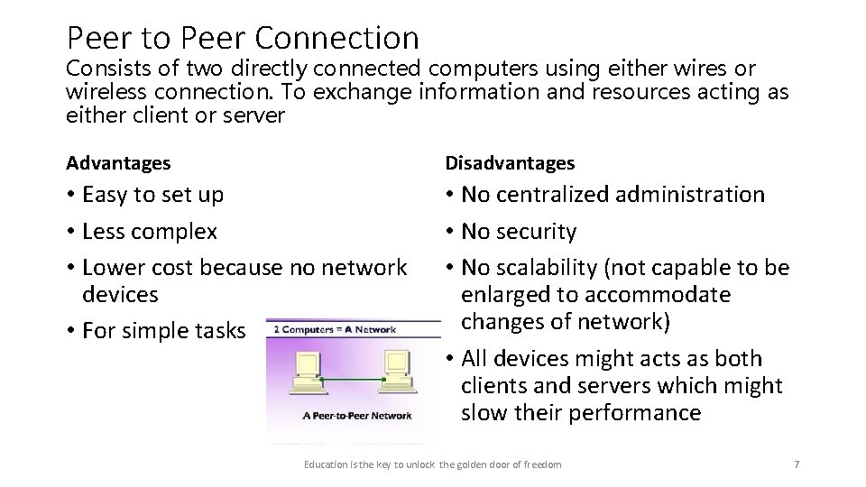 Peer to Peer Connection Consists of two directly connected computers using either wires or Peer to Peer Connection Consists of two directly connected computers using either wires or