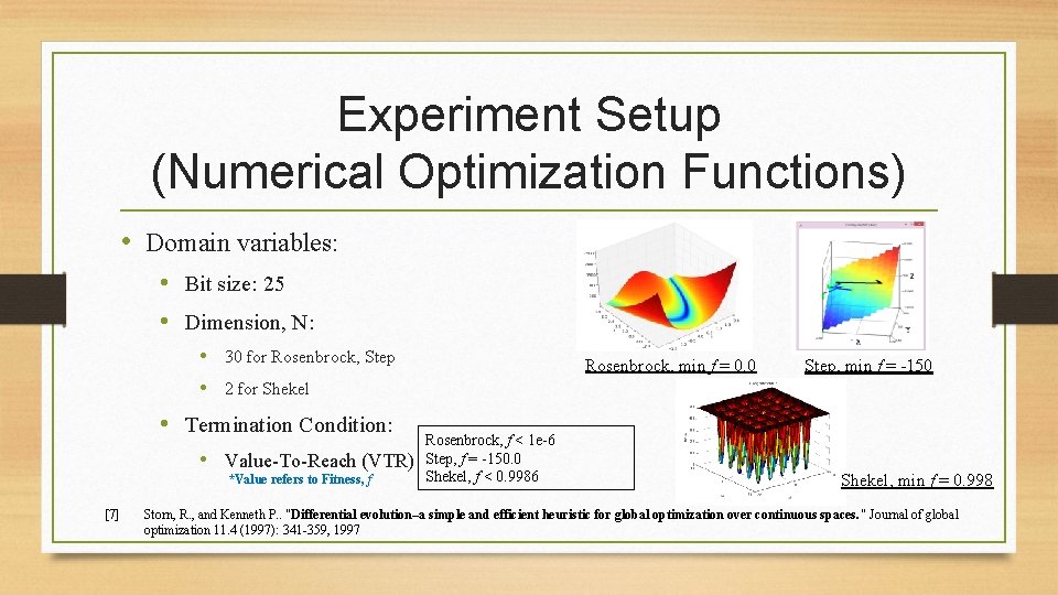 Experiment Setup (Numerical Optimization Functions) • Domain variables: • Bit size: 25 • Dimension, Experiment Setup (Numerical Optimization Functions) • Domain variables: • Bit size: 25 • Dimension,
