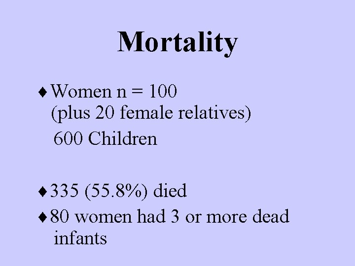 Mortality ¨Women n = 100 (plus 20 female relatives) 600 Children ¨ 335 (55.
