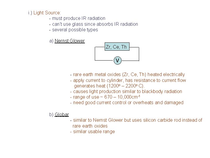 i. ) Light Source: - must produce IR radiation - can’t use glass since