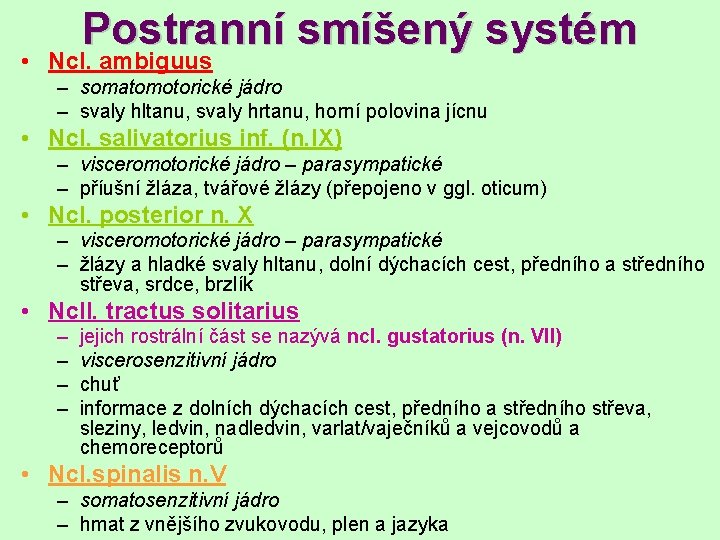 Postranní smíšený systém • Ncl. ambiguus – somatomotorické jádro – svaly hltanu, svaly hrtanu,