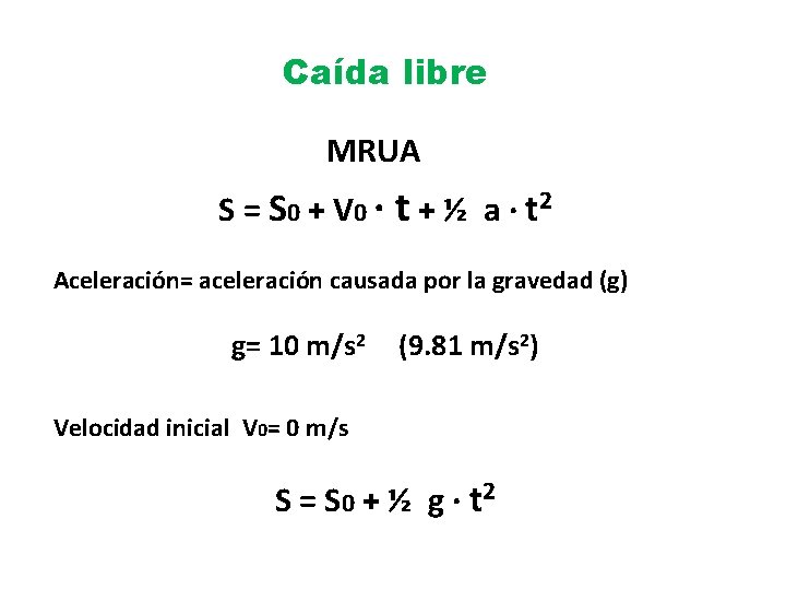 Caída libre MRUA S = S 0 + V 0 · t + ½