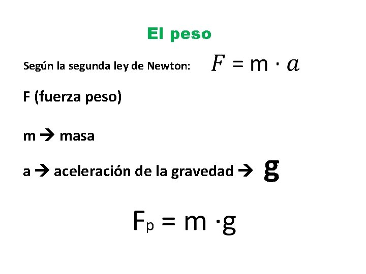 El peso Según la segunda ley de Newton: F (fuerza peso) m masa a