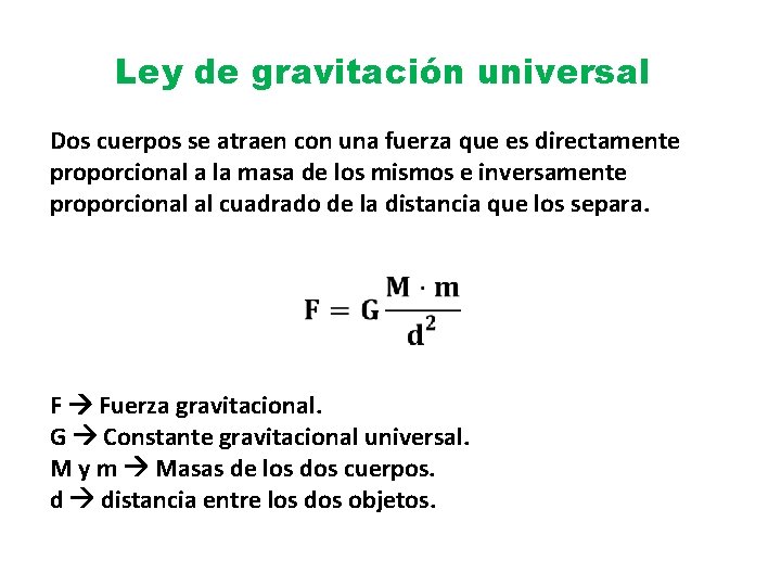 Ley de gravitación universal Dos cuerpos se atraen con una fuerza que es directamente