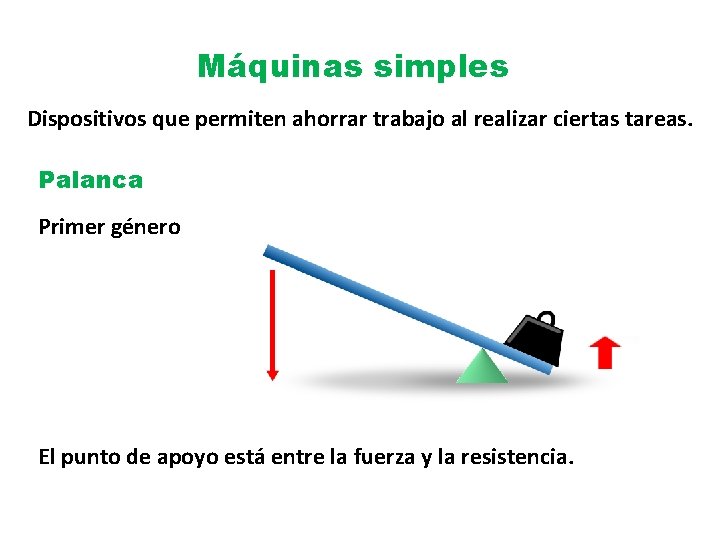 Máquinas simples Dispositivos que permiten ahorrar trabajo al realizar ciertas tareas. Palanca Primer género