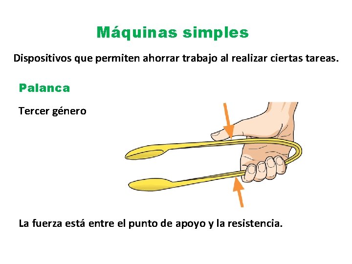 Máquinas simples Dispositivos que permiten ahorrar trabajo al realizar ciertas tareas. Palanca Tercer género