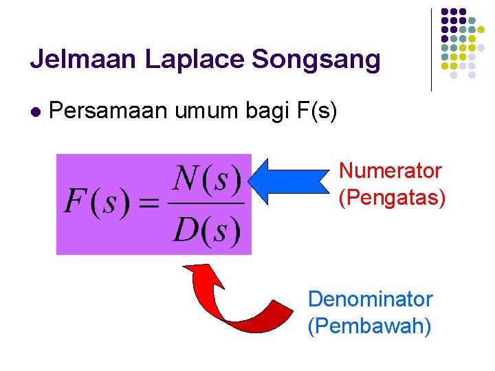 Jelmaan Laplace Songsang l Persamaan umum bagi F(s) Numerator (Pengatas) Denominator (Pembawah) 