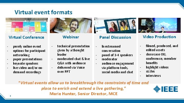 Virtual event formats Webinar Virtual Conference - purely online event options for participant networking