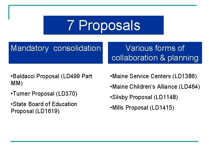 7 Proposals Mandatory consolidation Various forms of collaboration & planning • Baldacci Proposal (LD