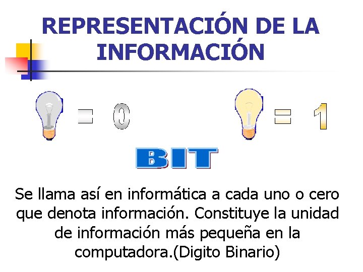 REPRESENTACIÓN DE LA INFORMACIÓN Se llama así en informática a cada uno o cero