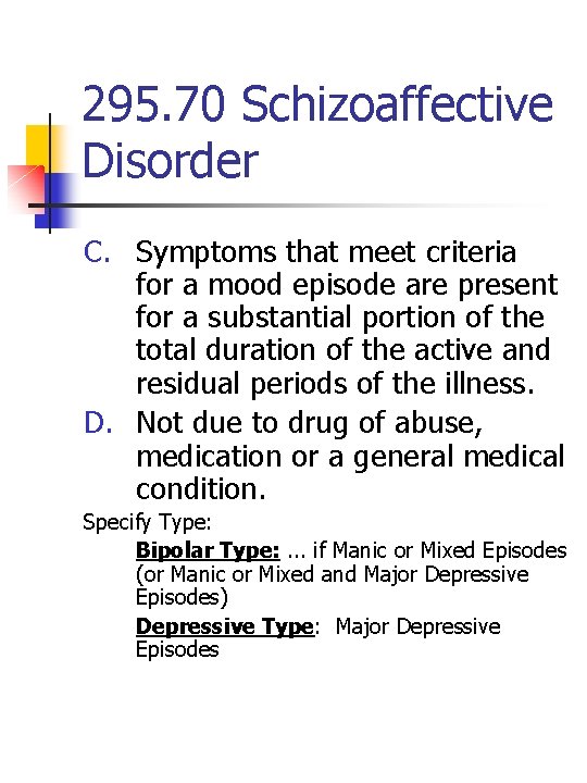 295. 70 Schizoaffective Disorder C. Symptoms that meet criteria for a mood episode are