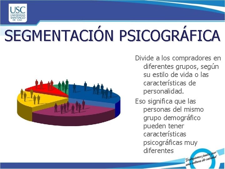 SEGMENTACIÓN PSICOGRÁFICA Divide a los compradores en diferentes grupos, según su estilo de vida