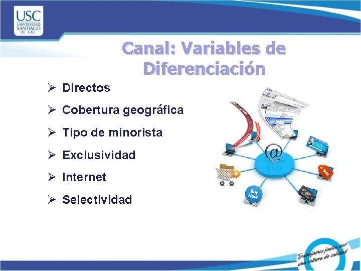 Canal: Variables de Diferenciación Ø Directos Ø Cobertura geográfica Ø Tipo de minorista Ø