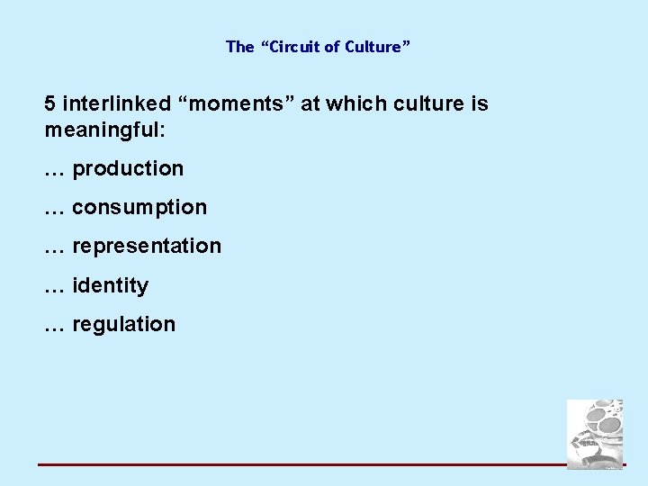 The “Circuit of Culture” 5 interlinked “moments” at which culture is meaningful: … production