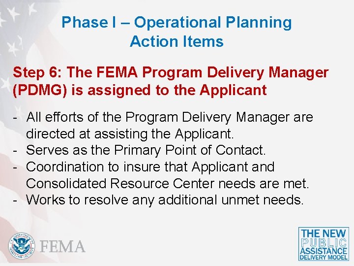 Phase I – Operational Planning Action Items Step 6: The FEMA Program Delivery Manager