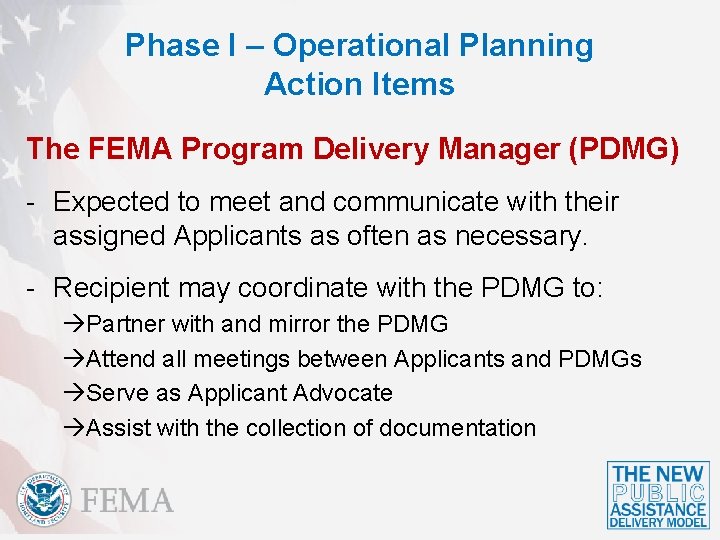 Phase I – Operational Planning Action Items The FEMA Program Delivery Manager (PDMG) -