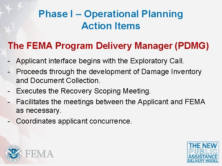 Phase I – Operational Planning Action Items The FEMA Program Delivery Manager (PDMG) -