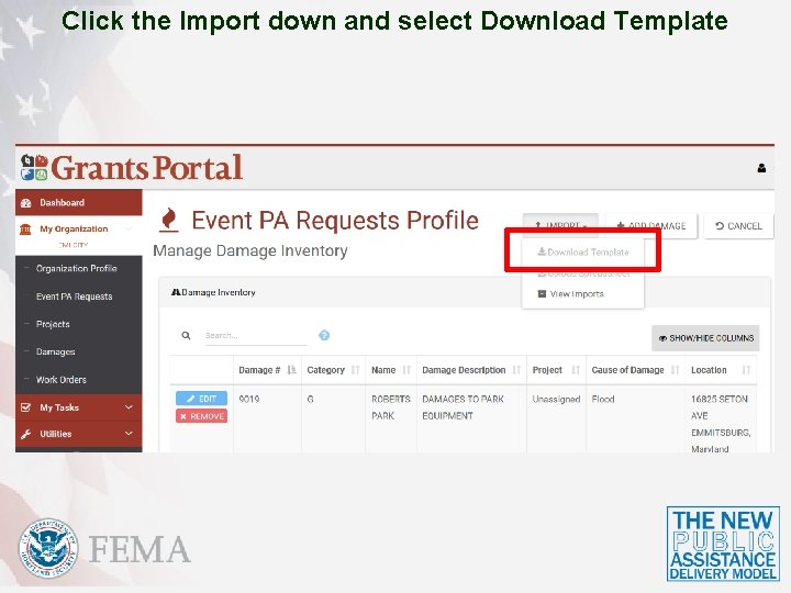 Click the Import down and select Download Template 