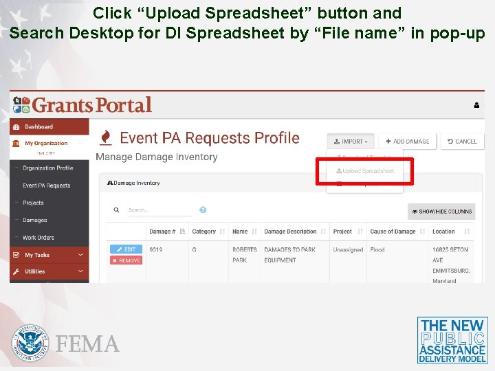 Click “Upload Spreadsheet” button and Search Desktop for DI Spreadsheet by “File name” in