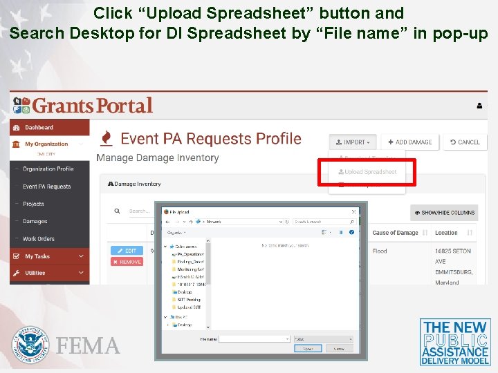 Click “Upload Spreadsheet” button and Search Desktop for DI Spreadsheet by “File name” in