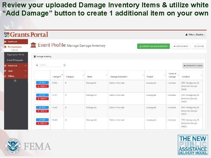 Review your uploaded Damage Inventory Items & utilize white “Add Damage” button to create