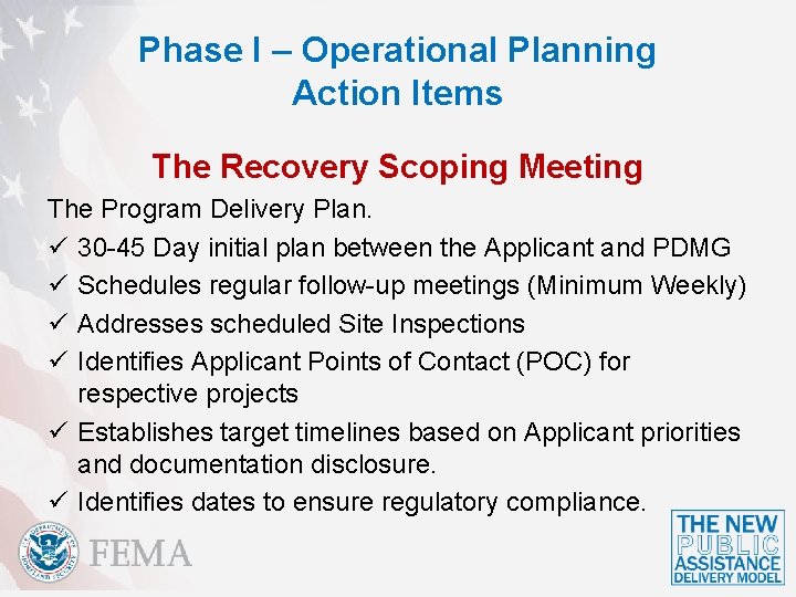 Phase I – Operational Planning Action Items The Recovery Scoping Meeting The Program Delivery