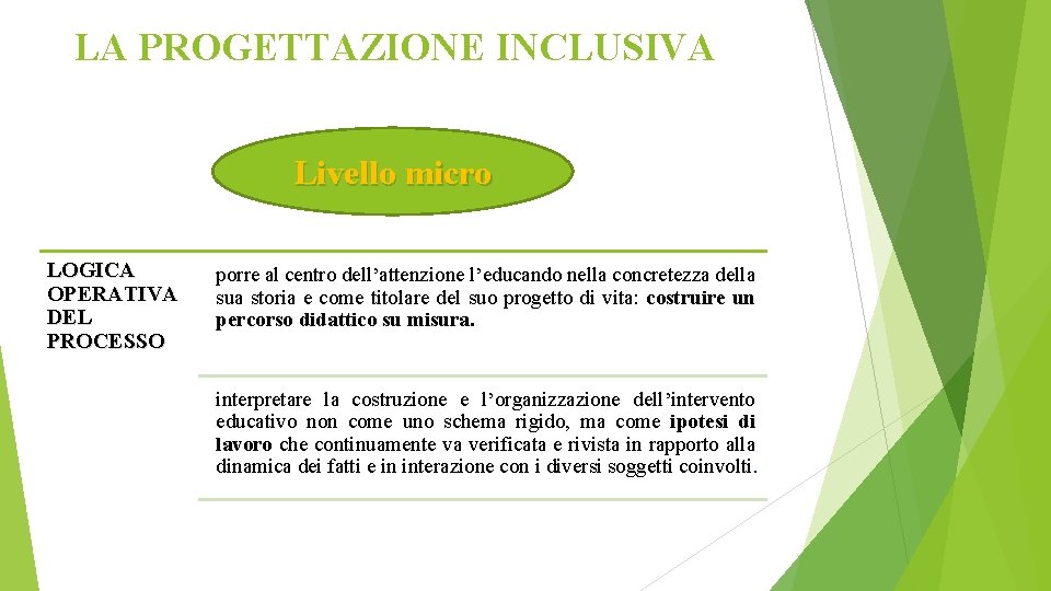 LA PROGETTAZIONE INCLUSIVA Livello micro LOGICA OPERATIVA DEL PROCESSO porre al centro dell’attenzione l’educando