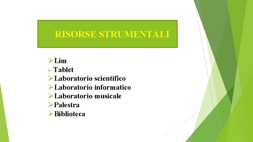 RISORSE STRUMENTALI ØLim Ø Tablet ØLaboratorio scientifico ØLaboratorio informatico ØLaboratorio musicale ØPalestra ØBiblioteca 