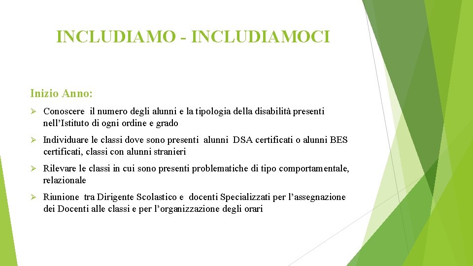 INCLUDIAMO - INCLUDIAMOCI Inizio Anno: Ø Conoscere il numero degli alunni e la tipologia