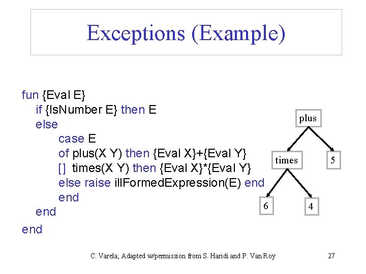 Exceptions (Example) fun {Eval E} if {Is. Number E} then E plus else case
