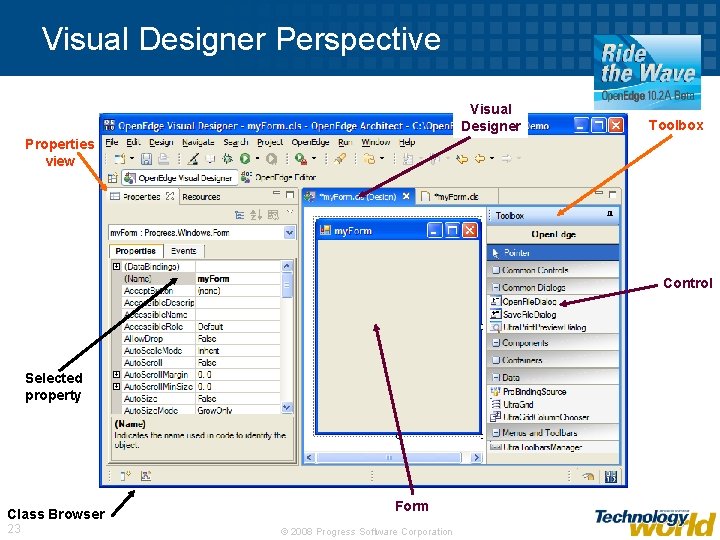 Visual Designer Perspective Visual Designer Toolbox Properties view Control Selected property Class Browser 23