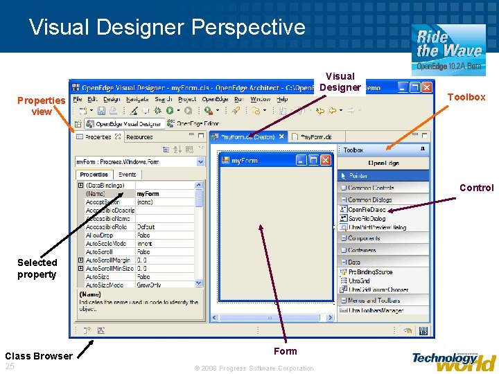 Visual Designer Perspective Visual Designer Properties view Toolbox Control Selected property Class Browser 25