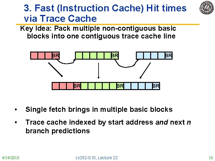 3. Fast (Instruction Cache) Hit times via Trace Cache Key Idea: Pack multiple non-contiguous