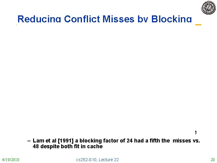 Reducing Conflict Misses by Blocking • Conflict misses in caches not FA vs. Blocking