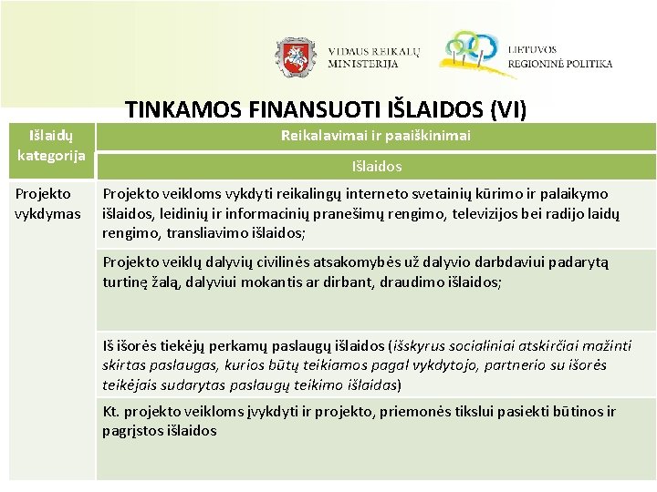 TINKAMOS FINANSUOTI IŠLAIDOS (VI) Išlaidų kategorija Projekto vykdymas Reikalavimai ir paaiškinimai Išlaidos Projekto veikloms