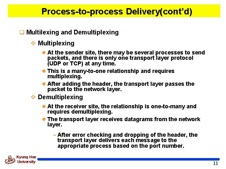 Process-to-process Delivery(cont’d) q Multilexing and Demultiplexing v Multiplexing l At the sender site, there