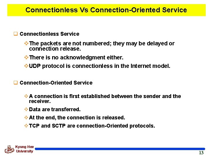 Connectionless Vs Connection-Oriented Service q Connectionless Service v The packets are not numbered; they