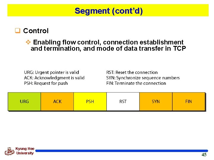 Segment (cont’d) q Control v Enabling flow control, connection establishment and termination, and mode