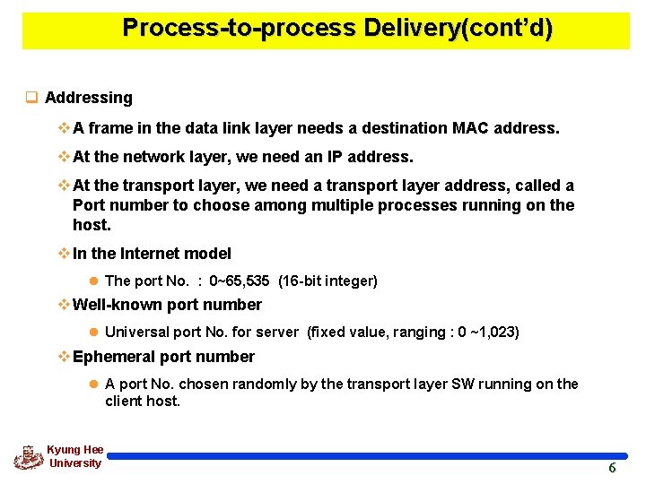 Process-to-process Delivery(cont’d) q Addressing v A frame in the data link layer needs a