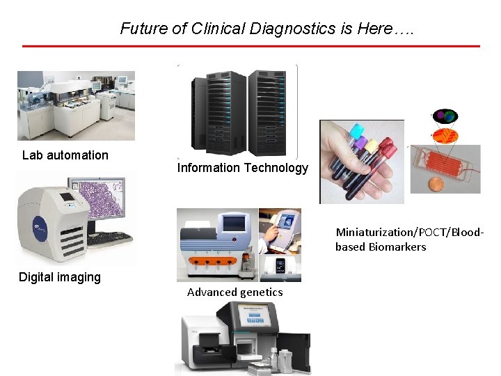 Future of Clinical Diagnostics is Here…. Lab automation Information Technology Miniaturization/POCT/Bloodbased Biomarkers Digital imaging