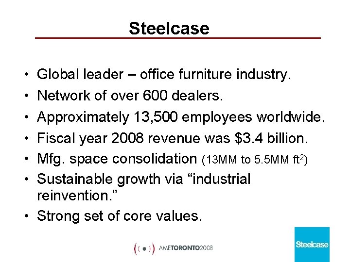 Steelcase • • • Global leader – office furniture industry. Network of over 600